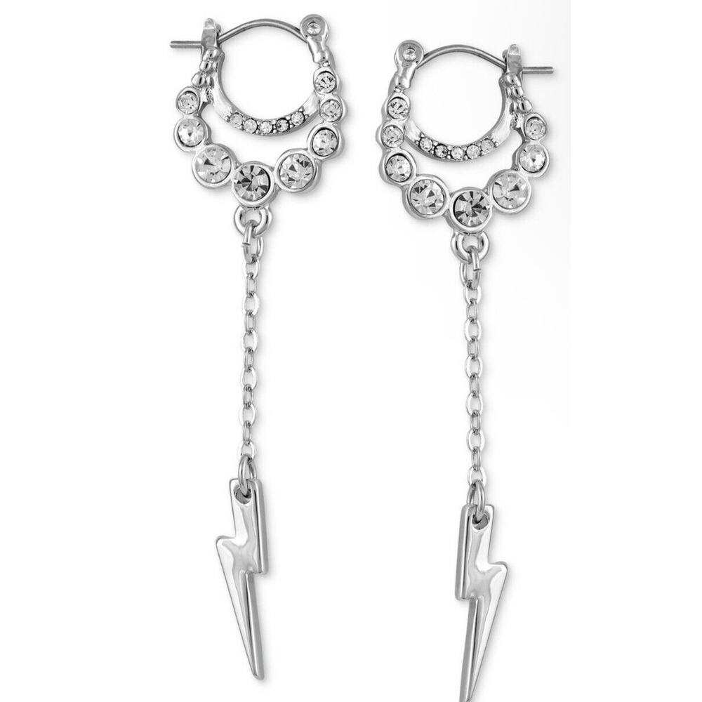 Guess Silver Tone Lightning Bolt Crystal Earrings Chic Trendy Womens Fashion NWT